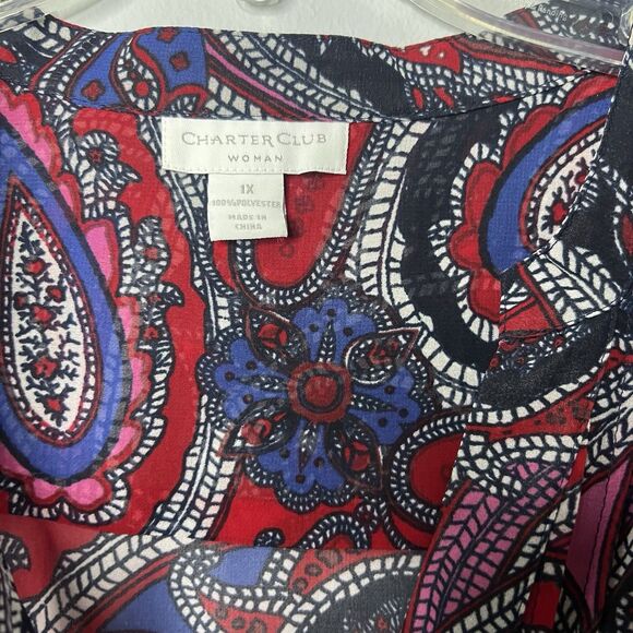 Charter Club Relaxed Women’s Blouse Button Up Shirt Size 1X Paisley Pleated - Picture 7 of 7